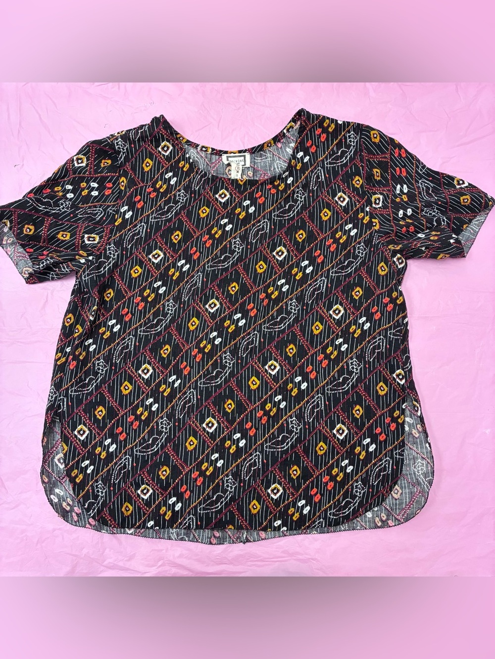 mo:vint Women’s Black Multicolor Geometric Blouse Round Neck Pullover NWOT Sz S
